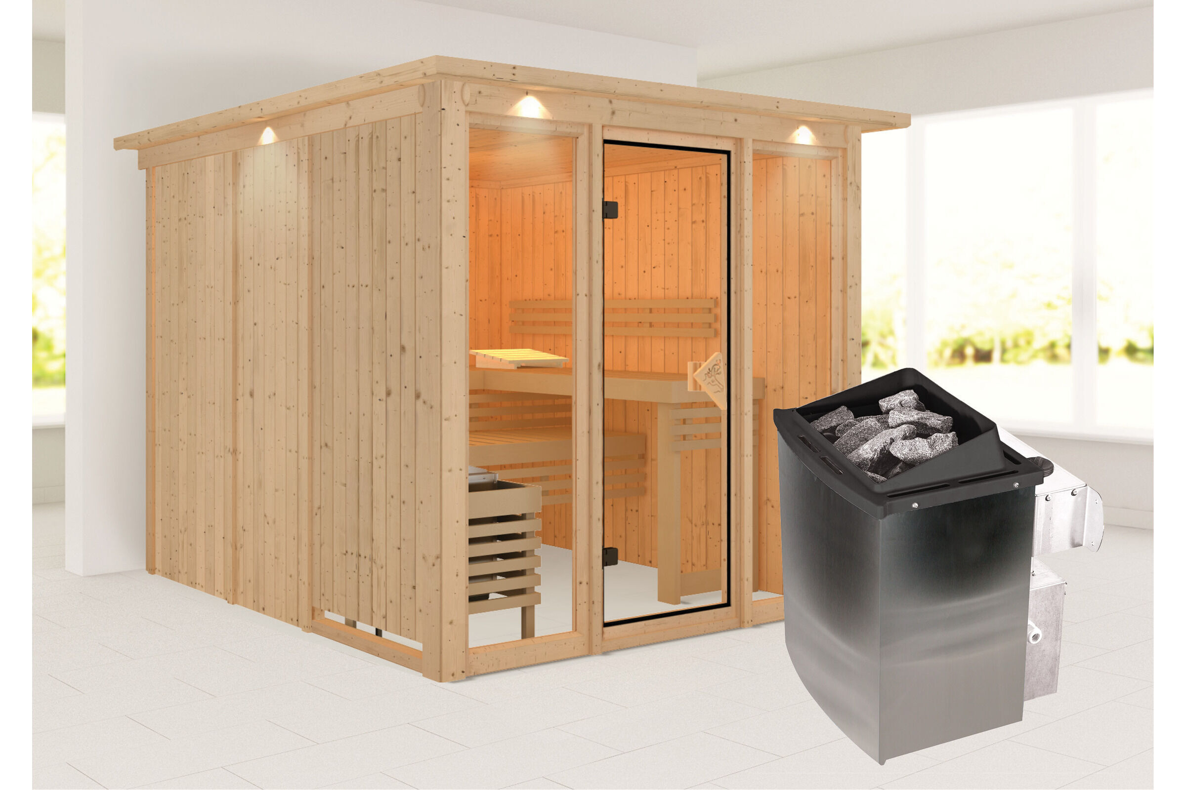 KARIBU Askja Sauna-Set, naturbelassen, Fichte, 240x248x202 cm inkl. Kranz, Ganzglastür und 9 kW Ofen integr. Strg.