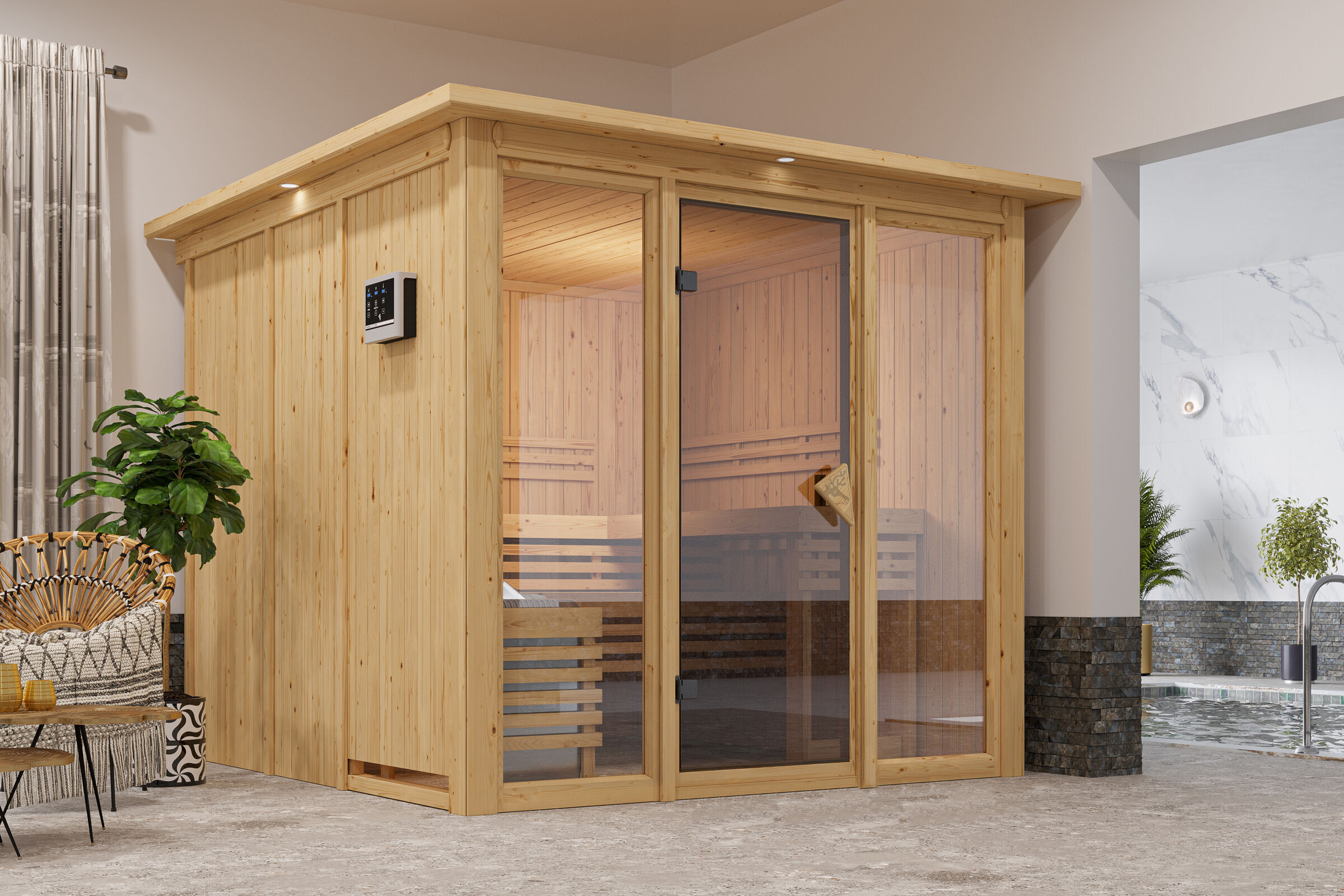 KARIBU Askja Sauna-Set, naturbelassen, Fichte, 240x248x202 cm inkl. Kranz, Ganzglastür und 9 kW Ofen ext. Strg.