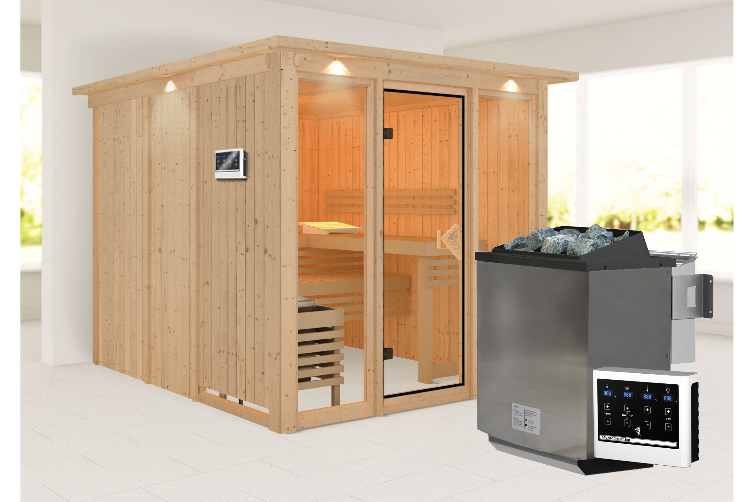 KARIBU Askja Sauna-Set, naturbelassen, Fichte, 240x248x202 cm inkl. Kranz, Ganzglastür und 9 kW Ofen integr. Strg.