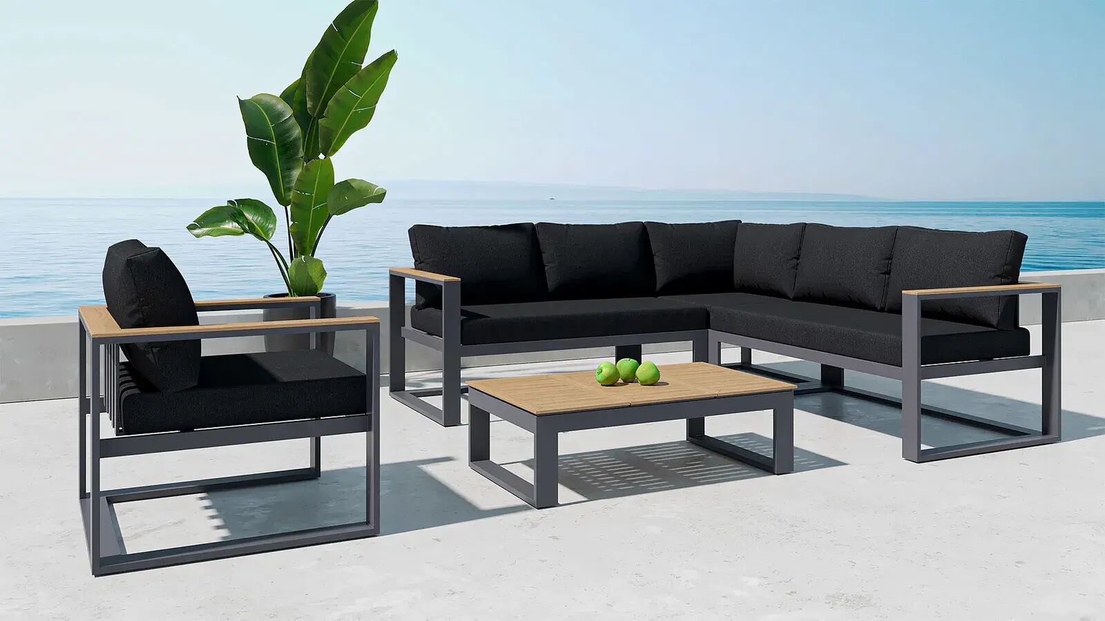 LIVING ZONE Lecoin Gartenlounge, anthrazit, Alu/Teak, pflegeleicht, wetterbeständig, pulverbeschichtet, inkl. Kissen, abnehmbare Bezüge