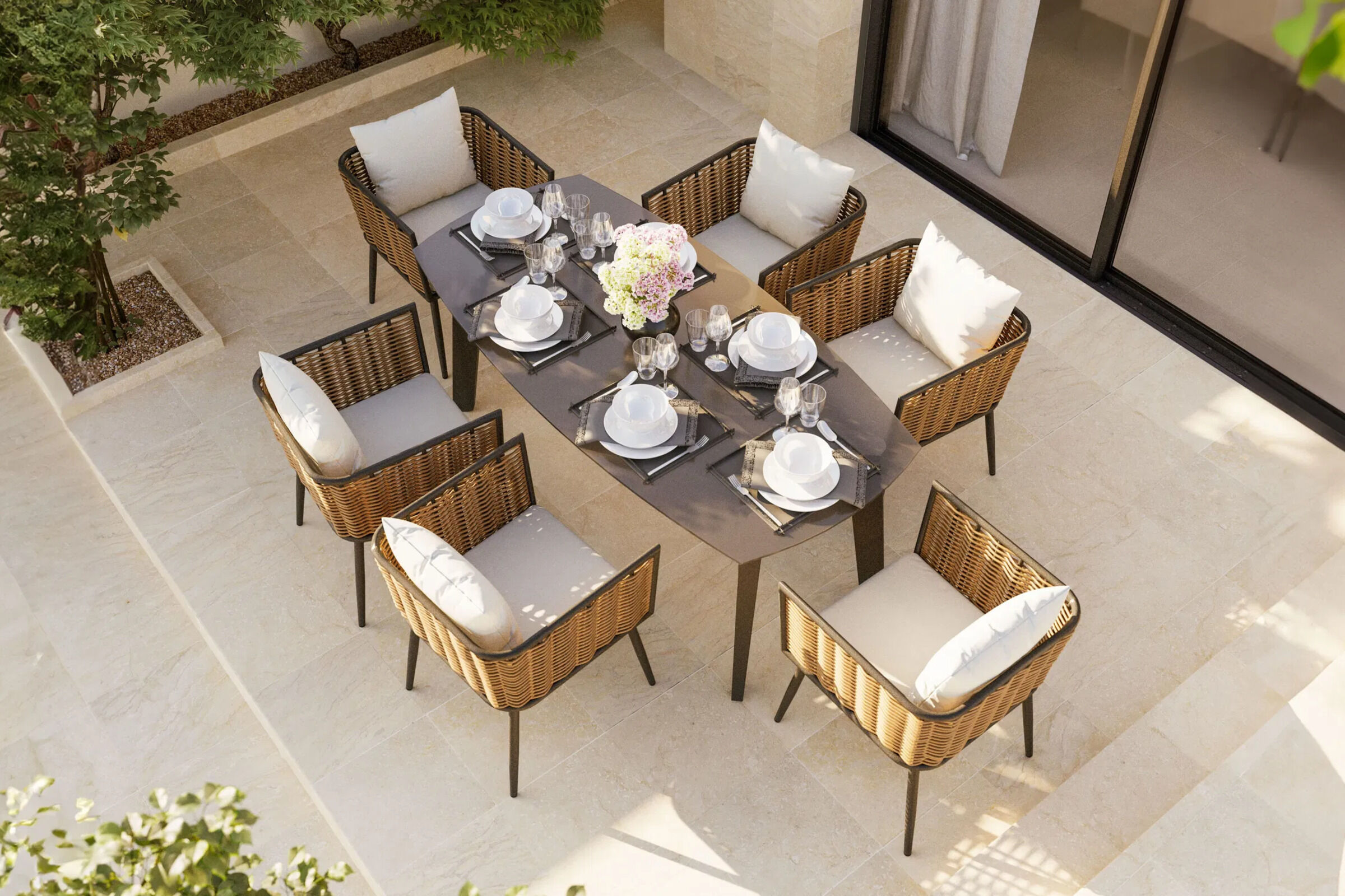 LIVING ZONE Grant Dining 6 Garten-Essgruppe, anthrazit/beige, Alu/Polyrattan, abnehmbare Bezüge, Tischplatte aus Sicherheitsglas