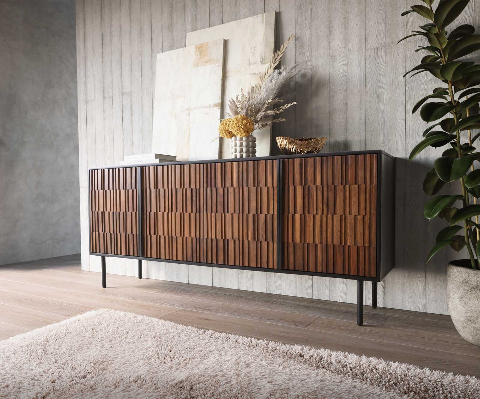 DELIFE Sideboard Kallam 175 cm Sheesham Walnuß Mango Schwarz Metall Schwarz 4 Türen, Sideboards