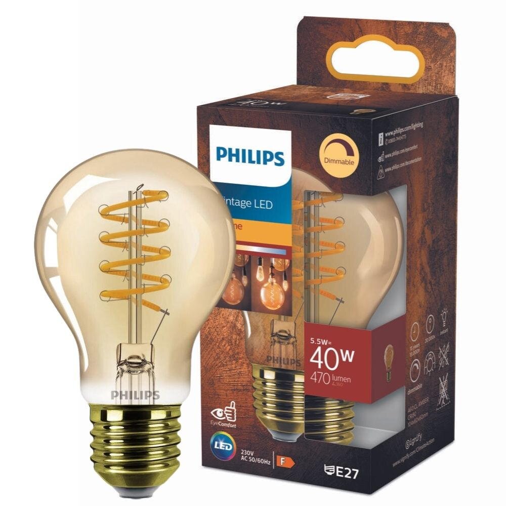 Philips Vintage LED Filament Lampe ersetzt 40W E27 Birne – A60 5,5W 470lm 2200K dimmbar Einerpack