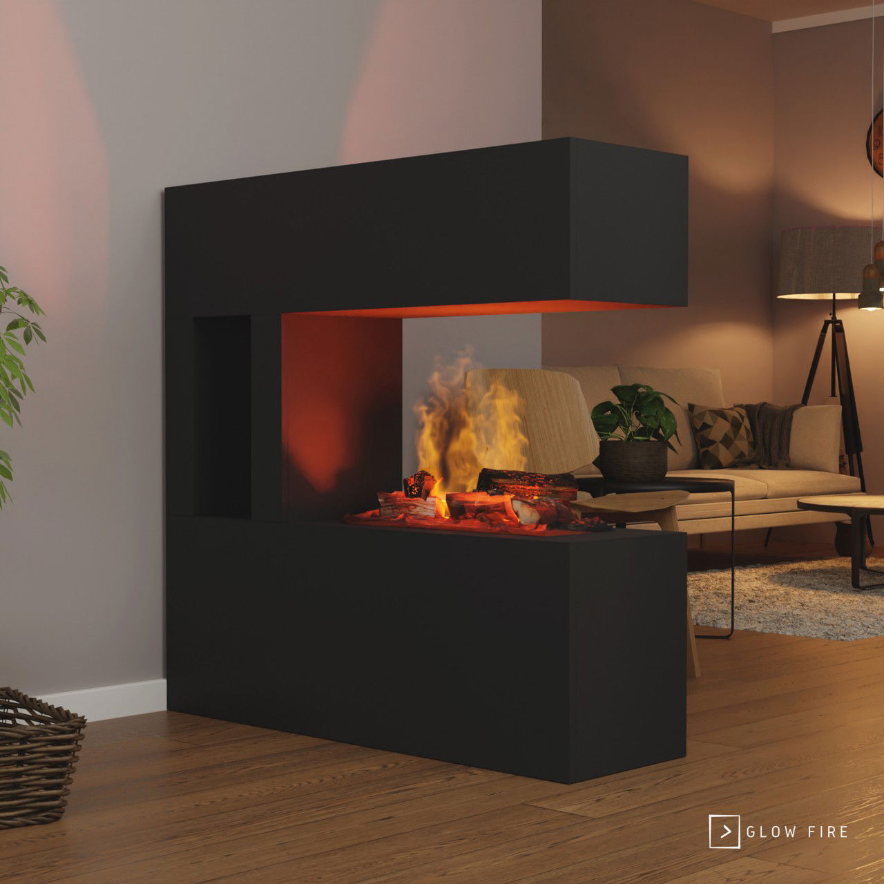 Glow Fire Schiller Pocket Elektrokamin Schwarz OMC 600 mit Deluxe Echtholzdekoration