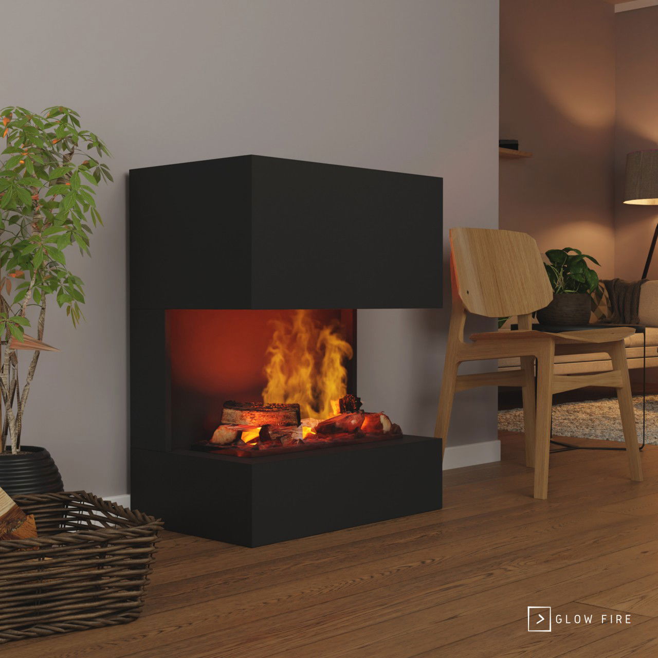 Glow Fire Kästner Elektrokamin Schwarz OMC 600 mit Deluxe Echtholzdekoration