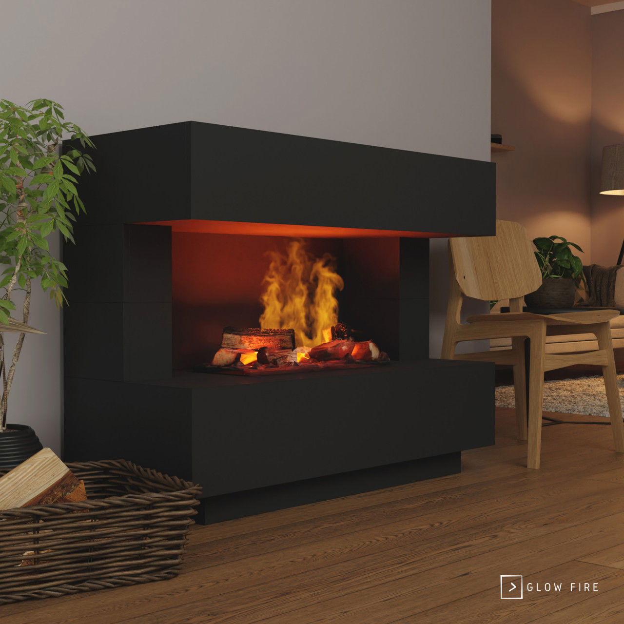 Glow Fire Kant Elektrokamin Schwarz OMC 600 mit Deluxe Echtholzdekoration