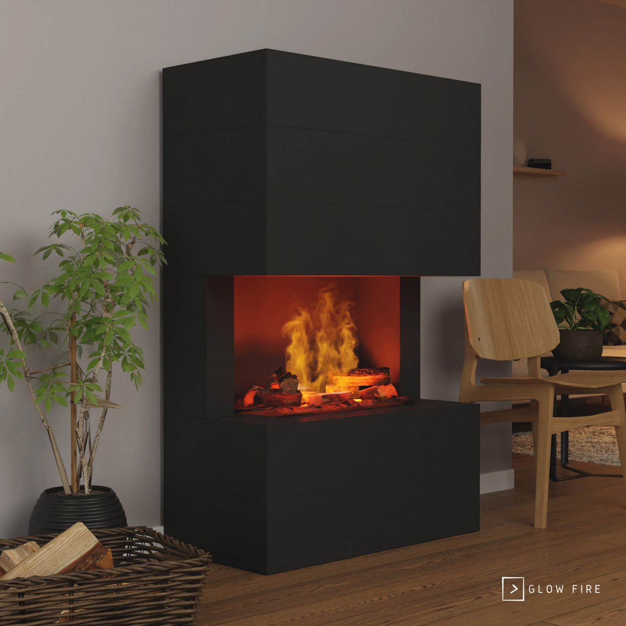 Glow Fire Tucholsky Elektrokamin Raumteiler Schwarz OMC 600 mit Deluxe Echtholzdekoration