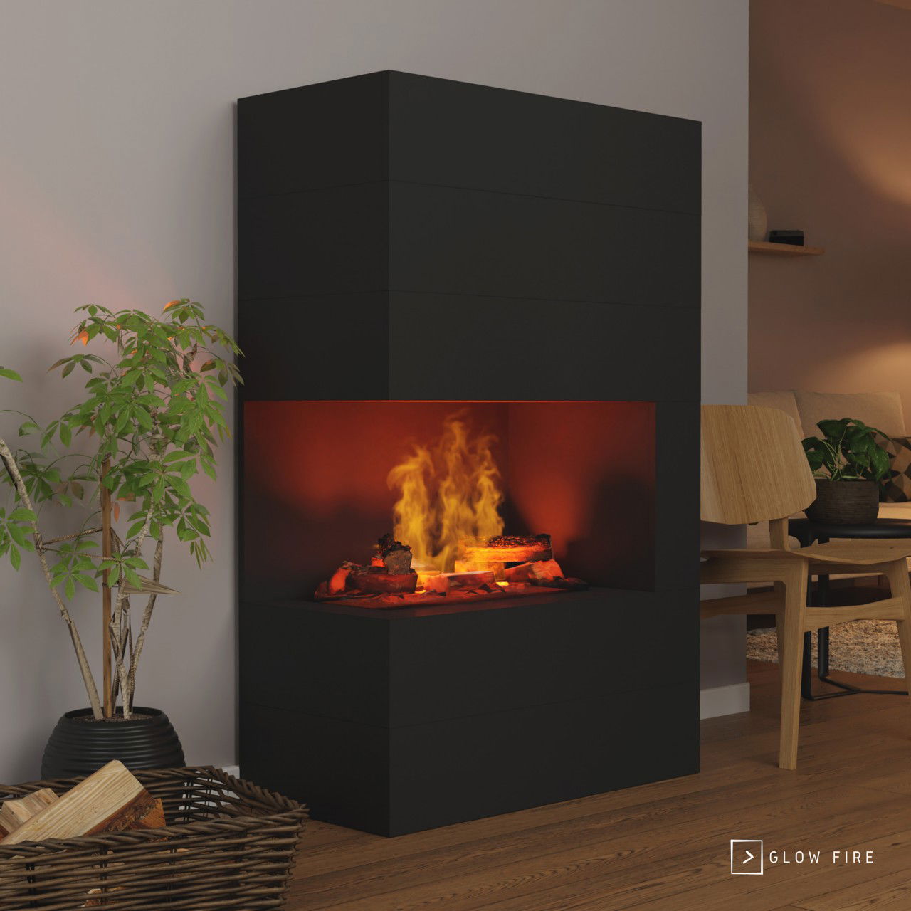 Glow Fire Tucholsky Elektrokamin Linke Ecke Schwarz OMC 600 mit Deluxe Echtholzdekoration