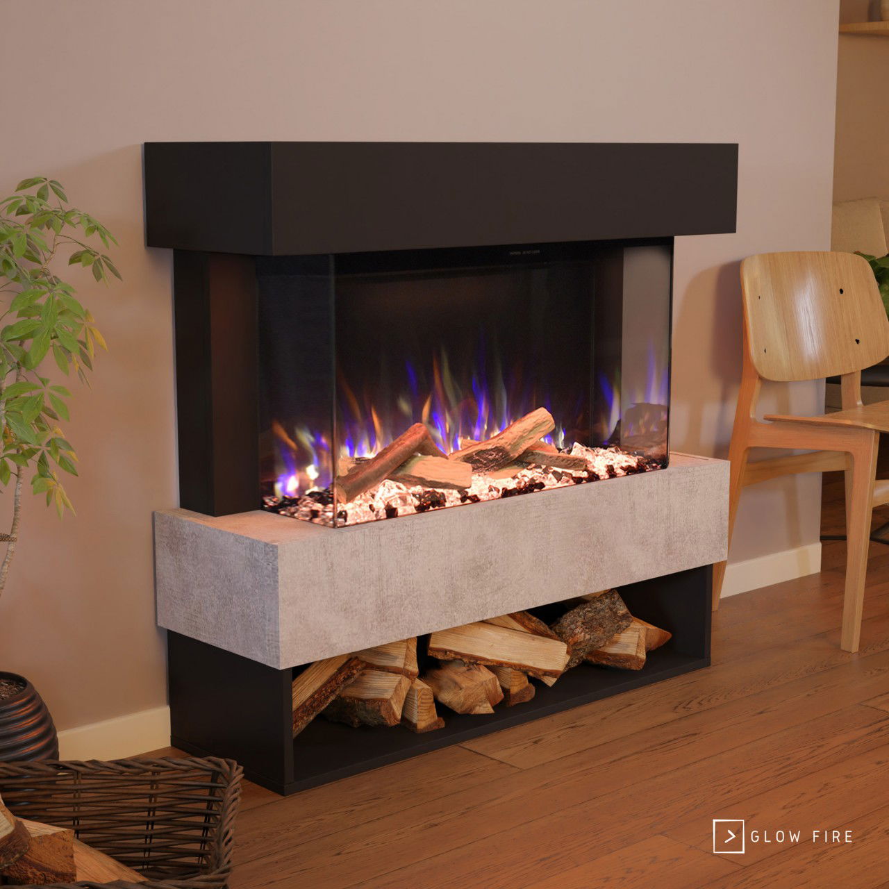 Glow Fire PR5 Elektrokamin E-Motion 3D Schwarz (Beton) Keramikholz, Steine (Kristall und schwarz)