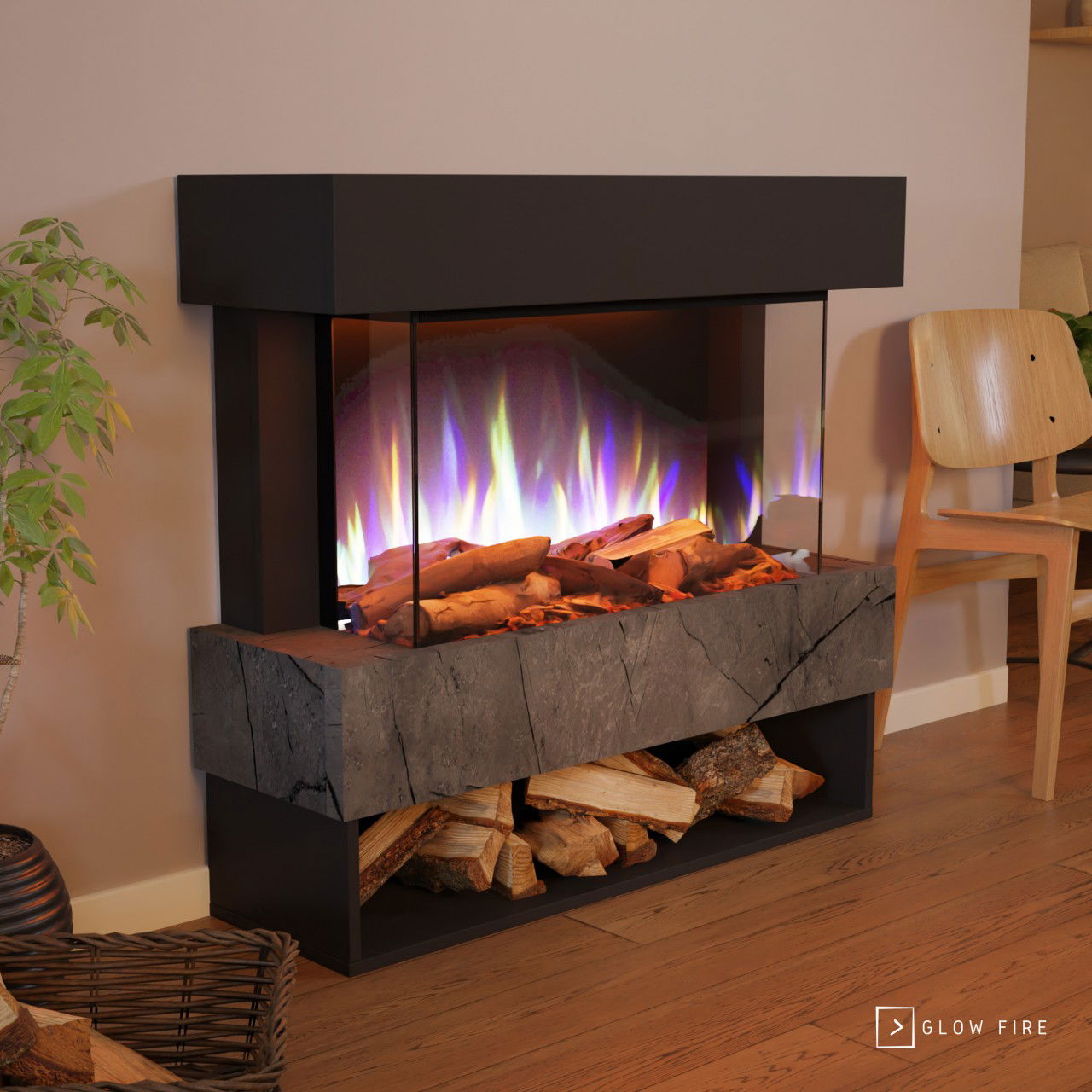 Glow Fire PR5 Elektrokamin E-Motion 3D Schwarz (Marmor) Deluxe Echtholzdekoration