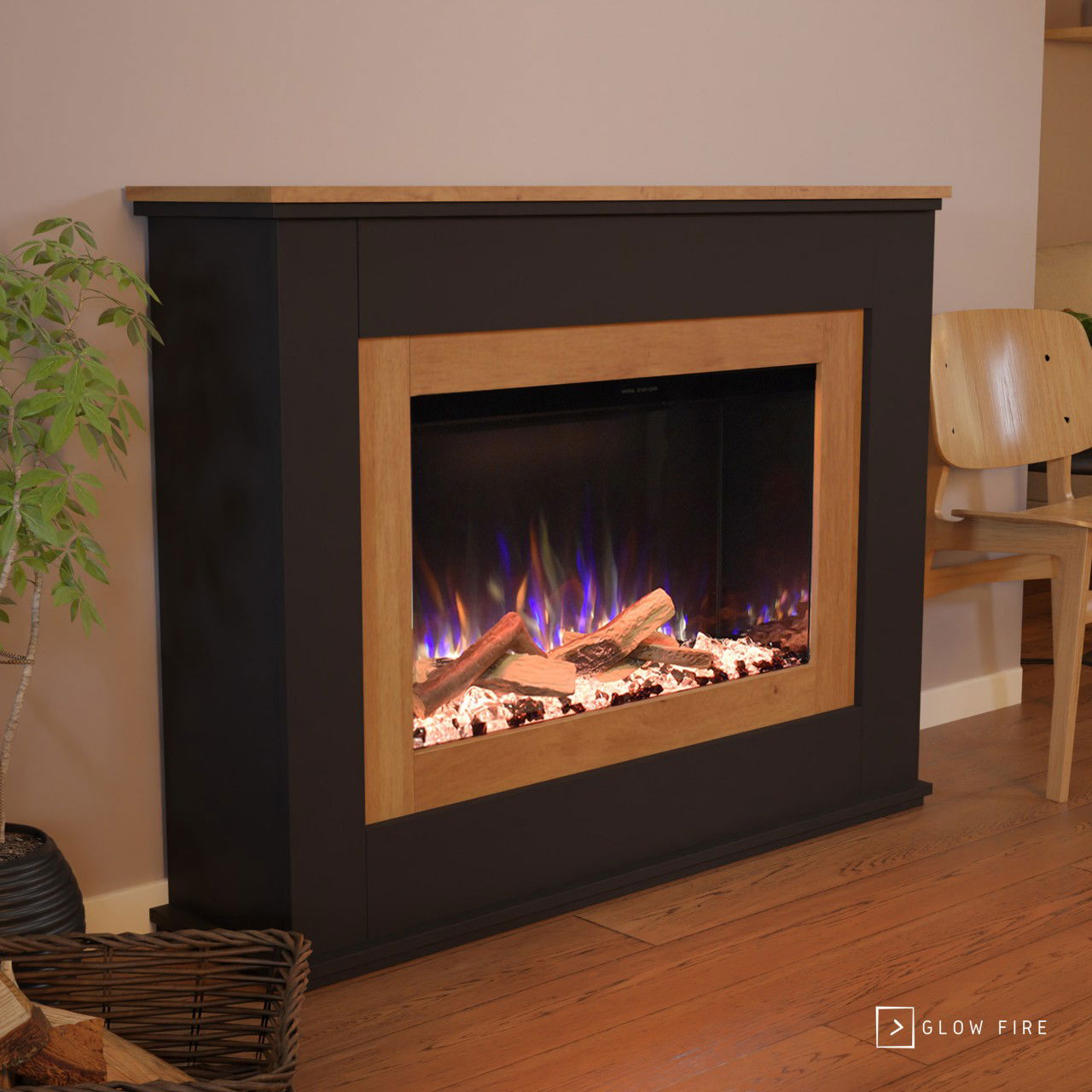 Glow Fire PR6 Elektrokamin E-Motion 3D Schwarz (Eiche) Keramikholz, Steine (Kristall und schwarz)