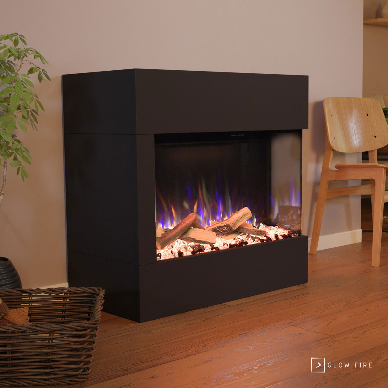 Glow Fire Portia Mini Elektrokamin E-Motion 3D Schwarz Keramikholz, Steine (Kristall und schwarz) rechtsoffen