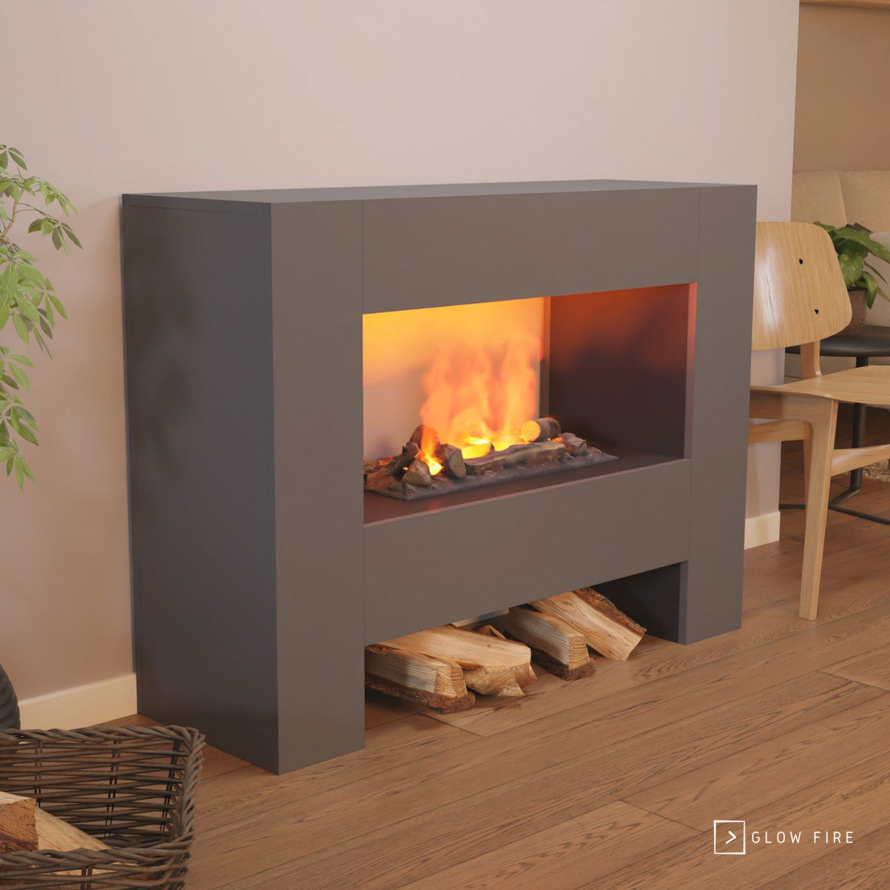 Glow Fire Fallada Elektrokamin Grauton Opti-Myst Cassette 600 mit Holzdekoration