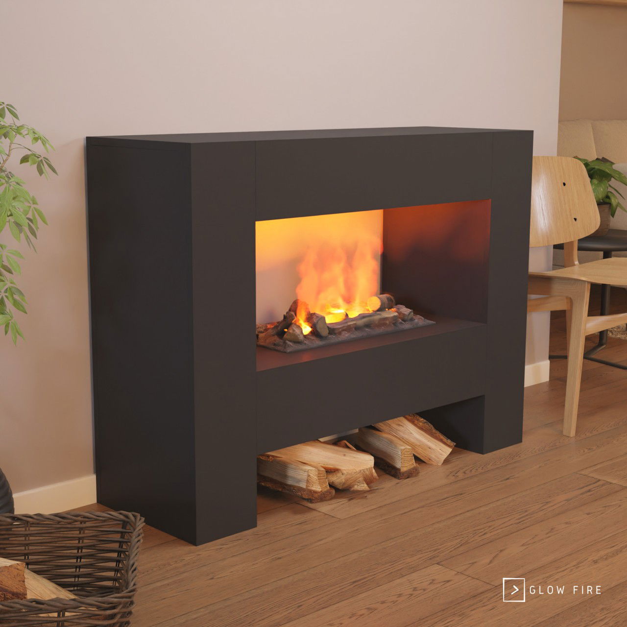 Glow Fire Fallada Elektrokamin Schwarz Opti-Myst Cassette 600 mit Holzdekoration