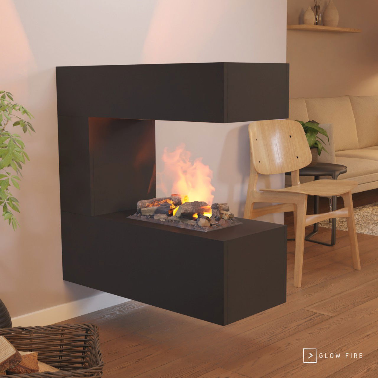 Glow Fire Schiller Wall Elektrokamin Schwarz Opti-Myst Cassette 400 mit Holzdekoration