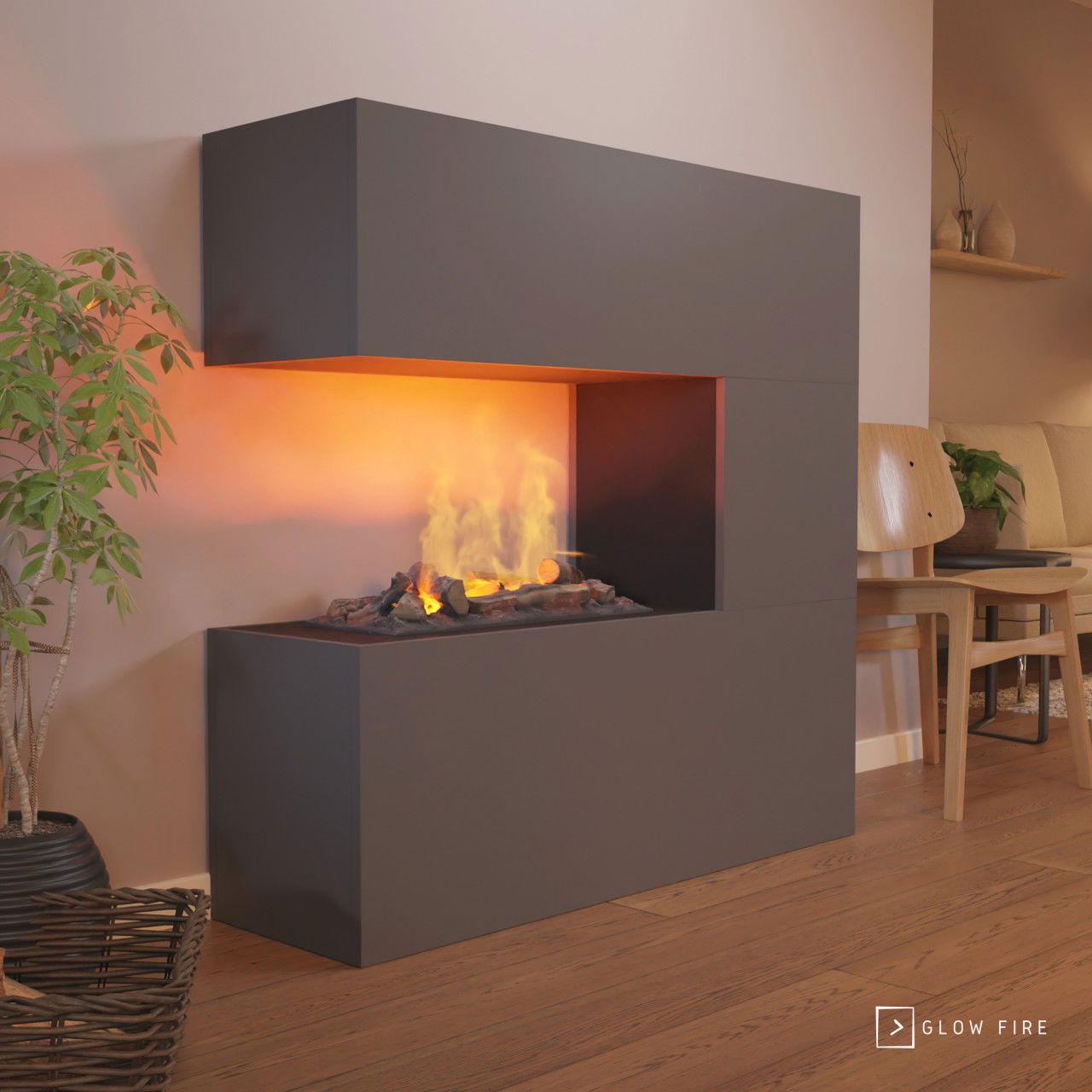 Glow Fire Schiller Elektrokamin Grauton Opti-Myst Cassette 600 mit Holzdekoration