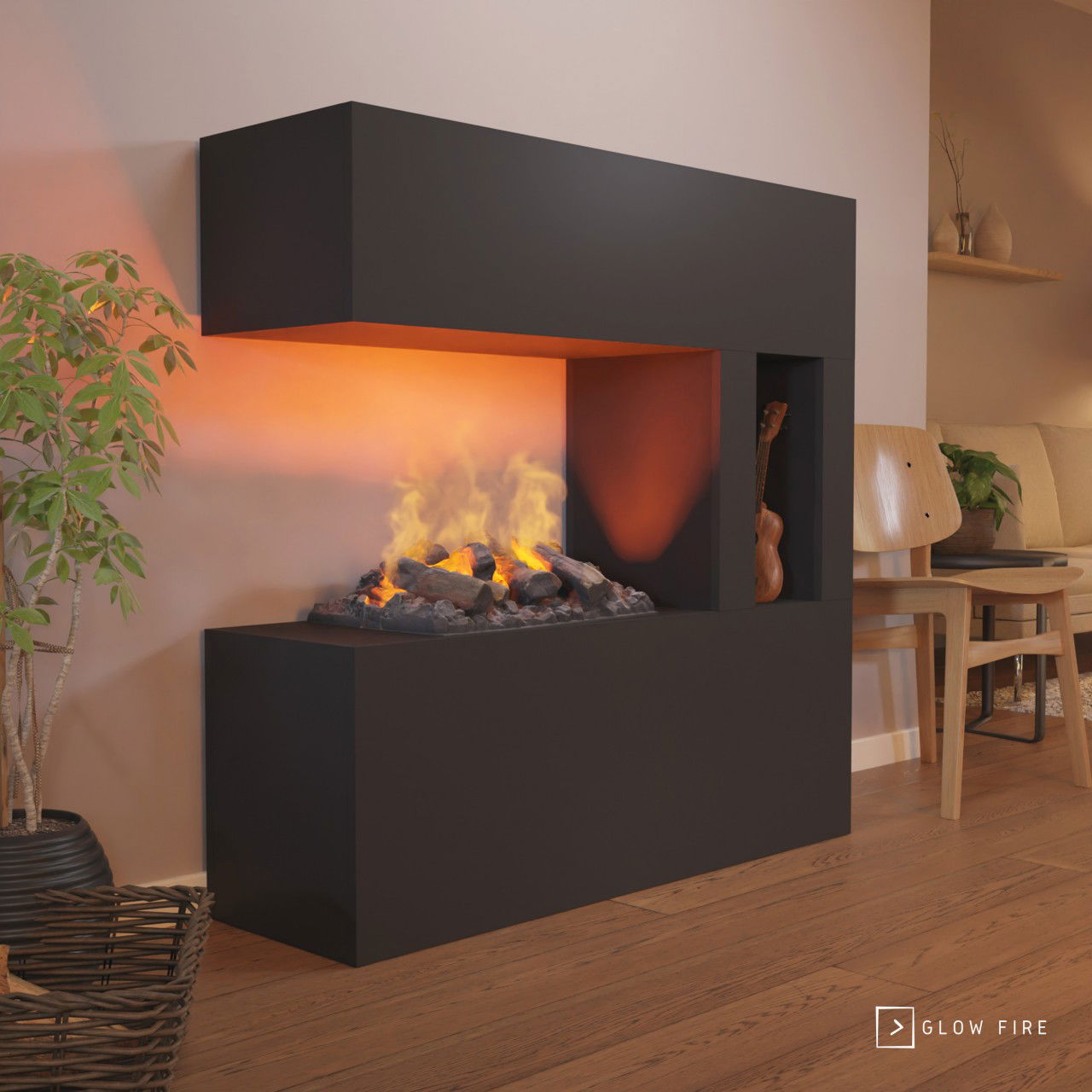 Glow Fire Schiller Pocket Elektrokamin Schwarz Opti-Myst Cassette 500 mit Holzdekoration