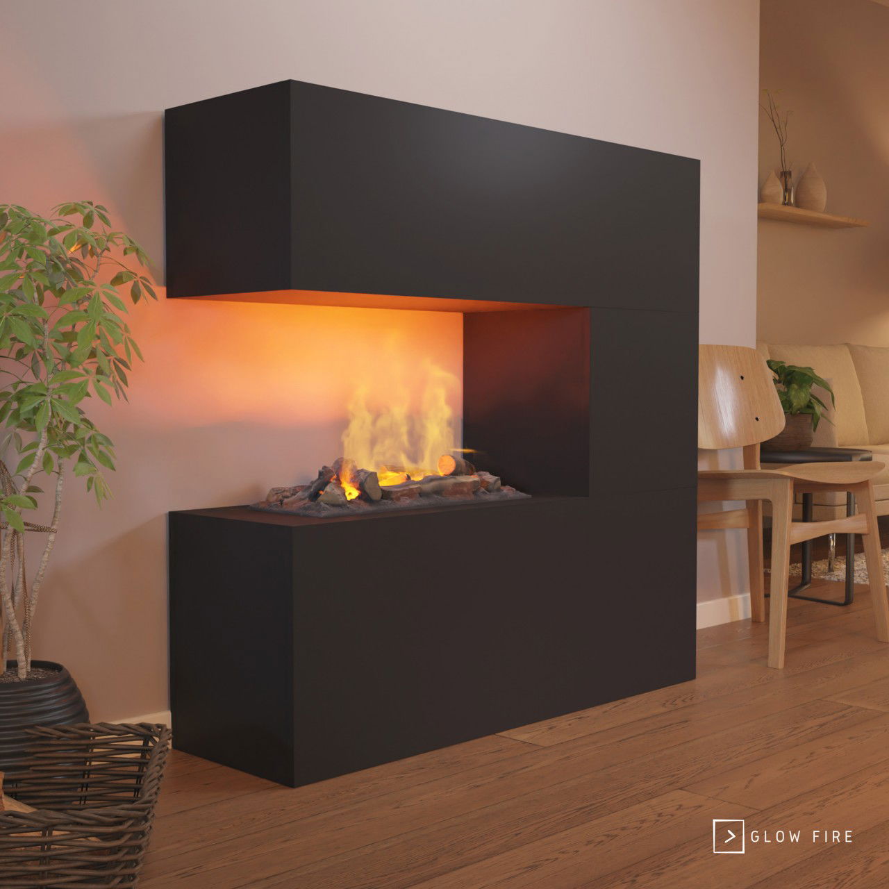 Glow Fire Schiller Elektrokamin Schwarz Opti-Myst Cassette 600 mit Holzdekoration