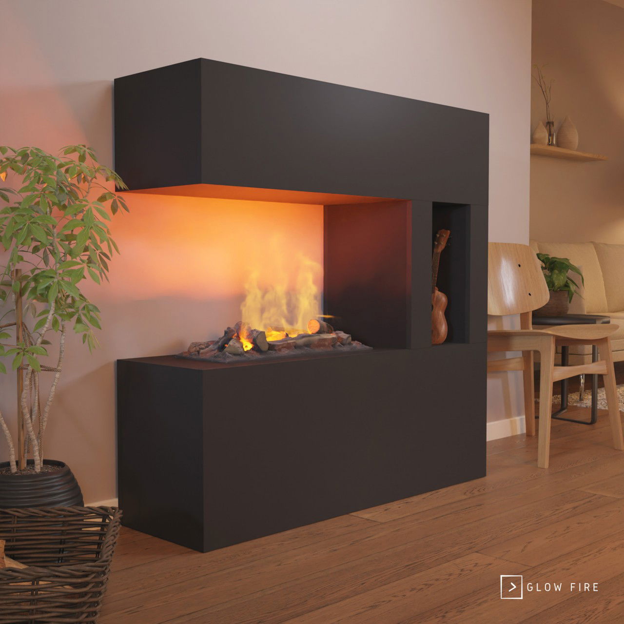 Glow Fire Schiller Pocket Elektrokamin Schwarz Opti-Myst Cassette 600 mit Holzdekoration