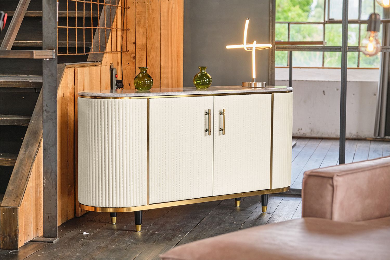 KAWOLA Sideboard MARIA Marmorplatte Kunstleder weiß