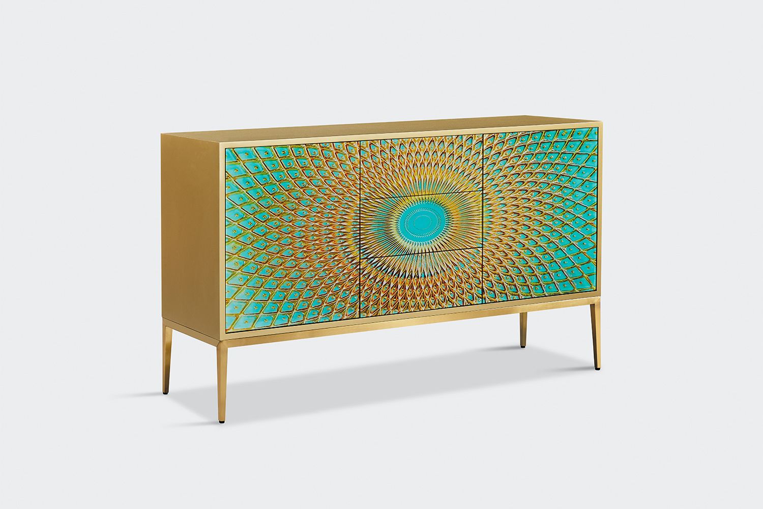 KAWOLA Sideboard LAGO 2 Türen 3 Schubladen Glas grün Fuß Edelstahl goldfarben