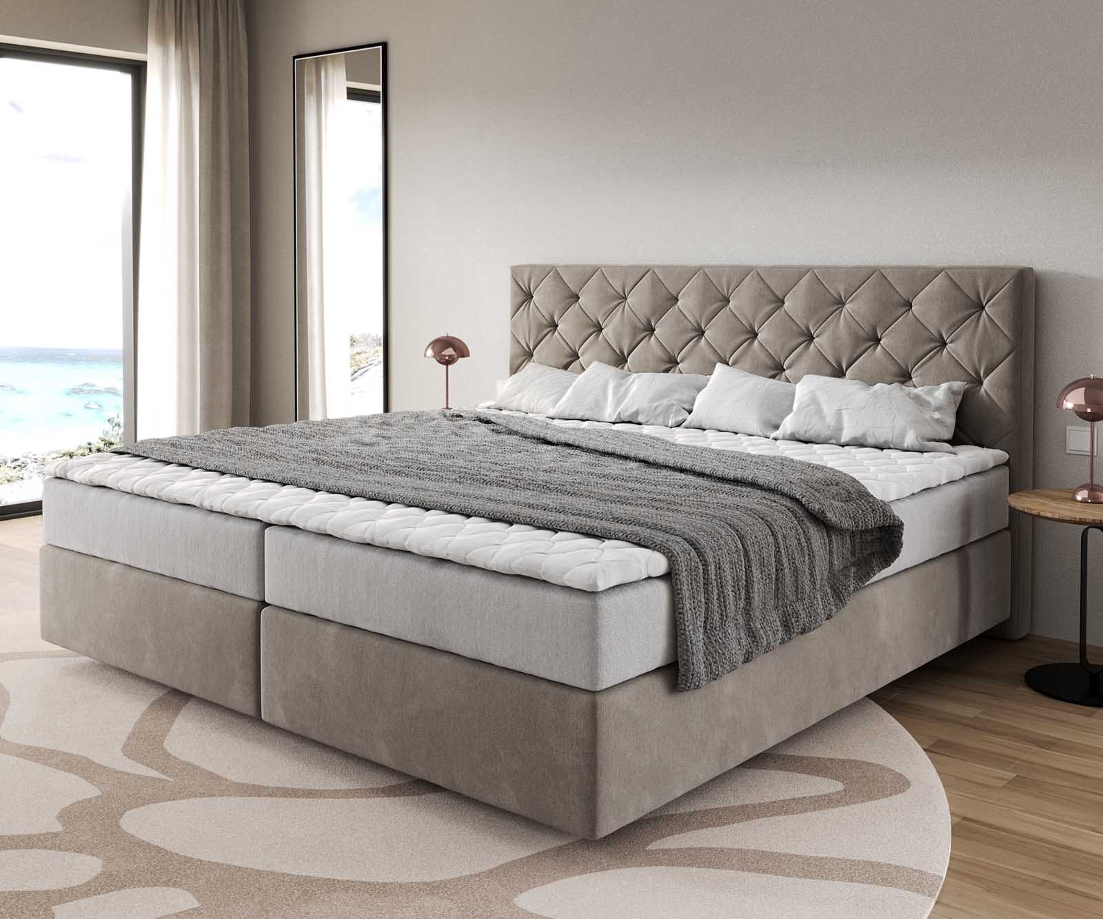 DELIFE Boxspringbett Dream-Great Mikrofaser Beige 200×200 cm mit Taschenfederkernmatratze und Topper Visco, Boxspringbetten