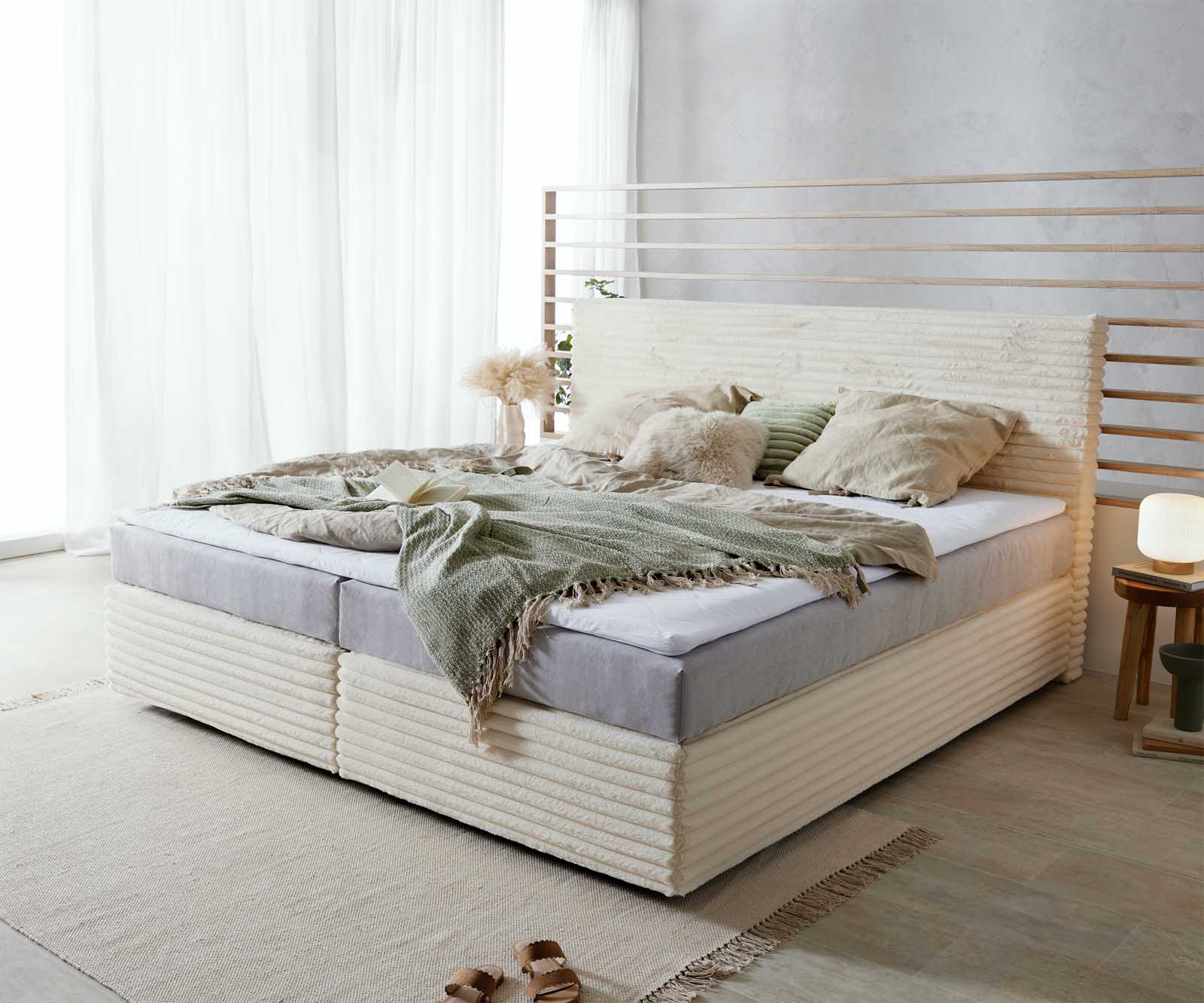 DELIFE Boxspringbett Dream-Well Plüsch-Cord Beige 200×200 cm mit Taschenfederkernmatratze und Topper Visco, Boxspringbetten