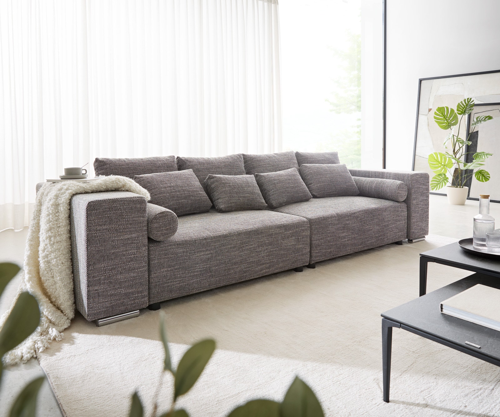 DELIFE Big-Sofa Marbeya 290×110 cm Hellgrau mit Schlaffunktion, Big Sofas