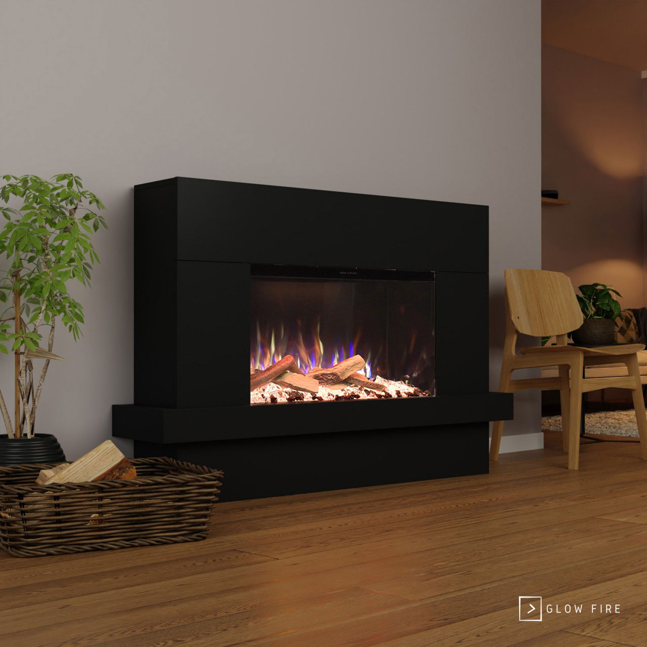 Glow Fire PR9 Elektrokamin E-Motion 3D Schwarz Keramikholz, Steine (Kristall und schwarz)